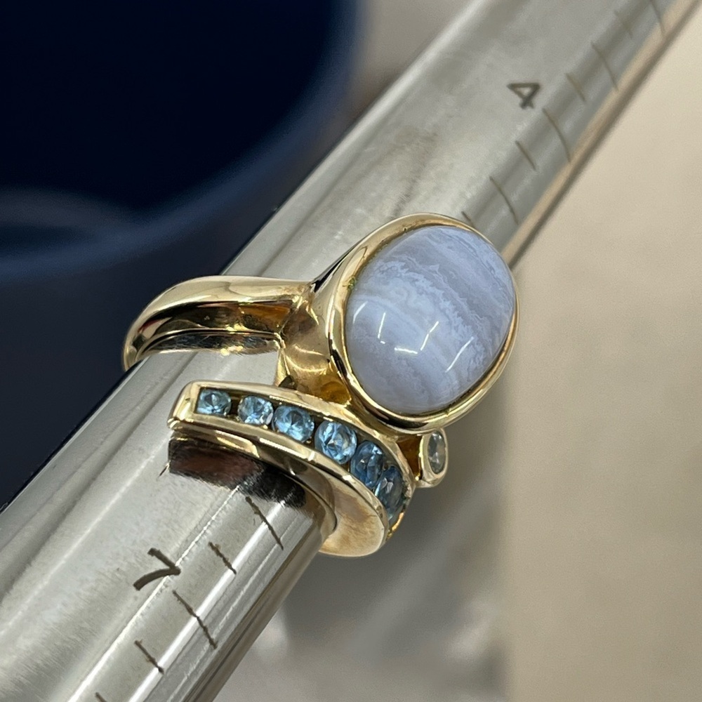Vintage Estate Ring 925 Gold with Blue Chalcedony and Accent Stones - Picture 10 of 15